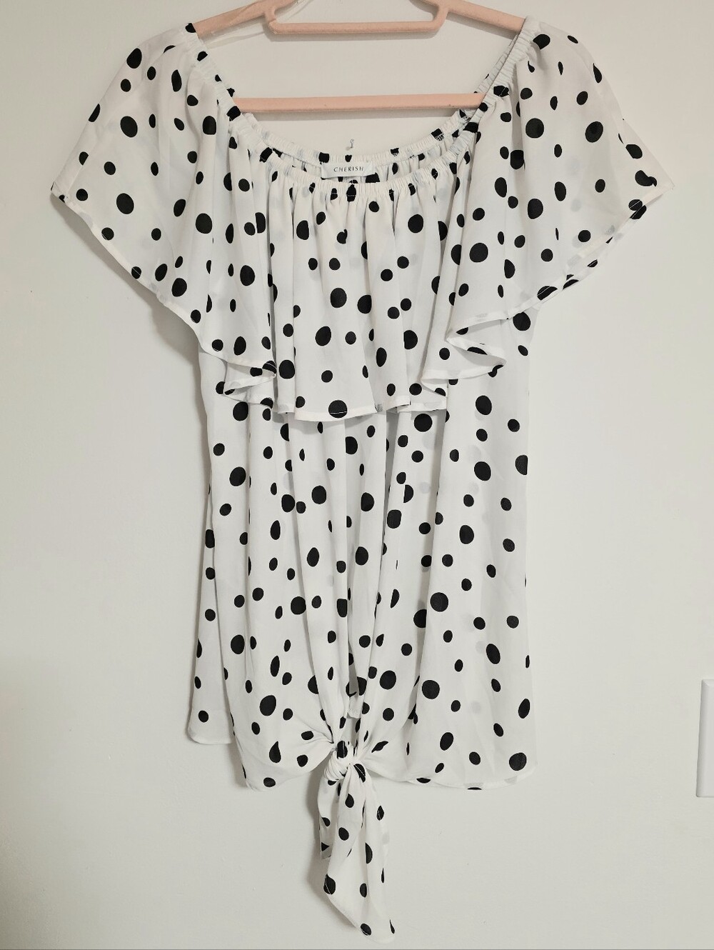 Cherish Polka Dot Off The Shoulder Top Ruffle Flutter Neckline Front Tie Medium